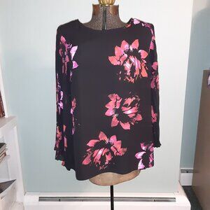 VINCE CAMUTO LADIES BLOUSE TOP ACCORDION SLEEVES LARGE BLACK W/RED & PINK FLOWER